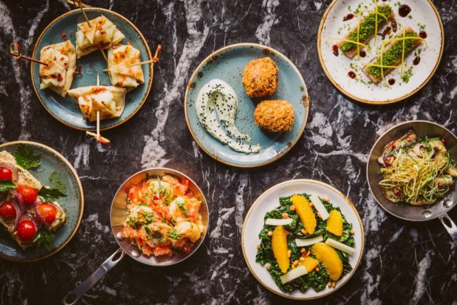 An extensive spread of falafel, sauces and other delights at Suvlaki restaurant