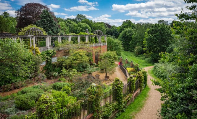An aerial shot showing the verdant green spaces of the Hampstead Hill Garden and Pergola