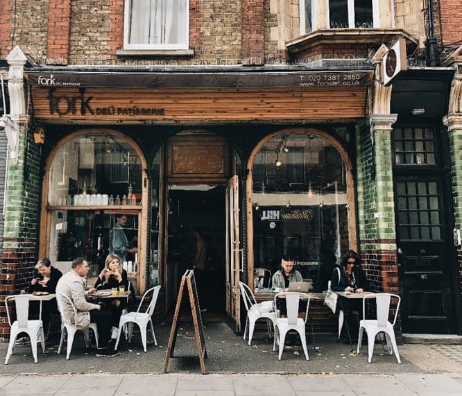The exterior of Fork Deli in Bloomsbury - a lovely spot to while away the hours and one of the best things to do in King's Cross 