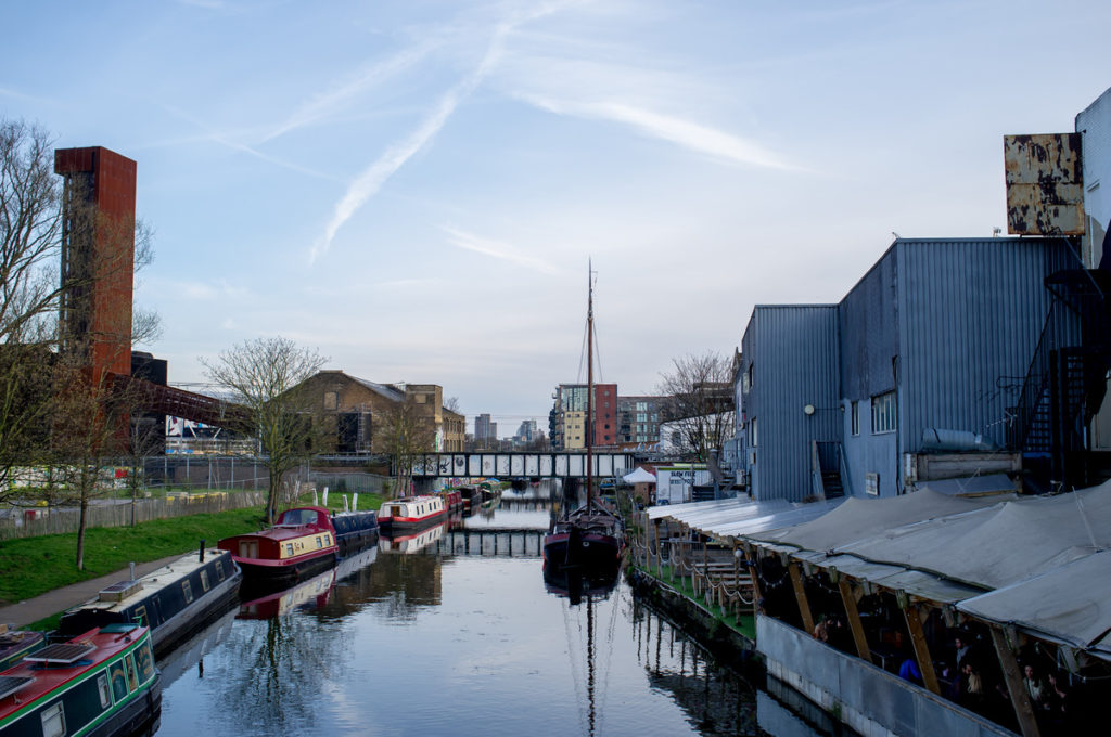 The sun shining over the River Lea on the border of Clapton and Hackney Wick