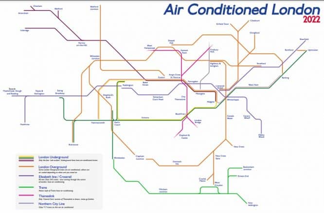 Tube map showing London Underground lines with air conditioning