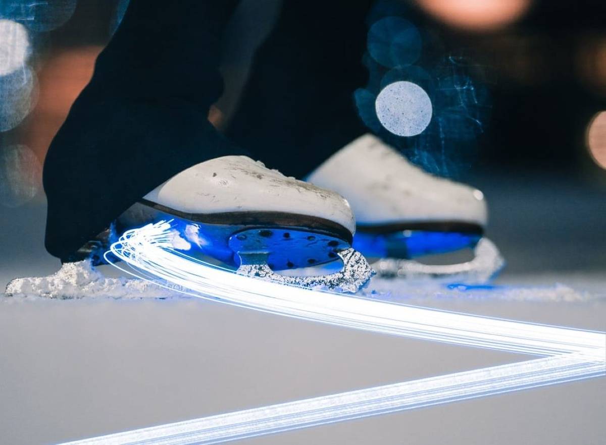 Close up of ice skates fitted with LED lights