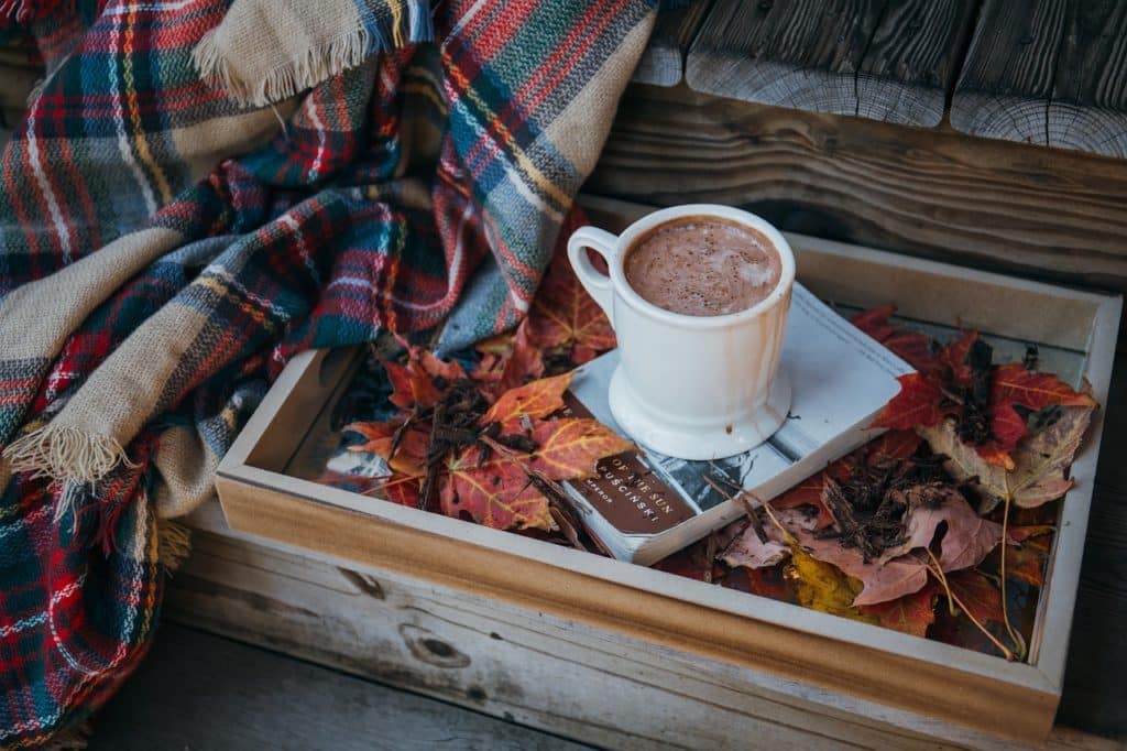 A steaming cup of hot chocolate with a Wintry scene