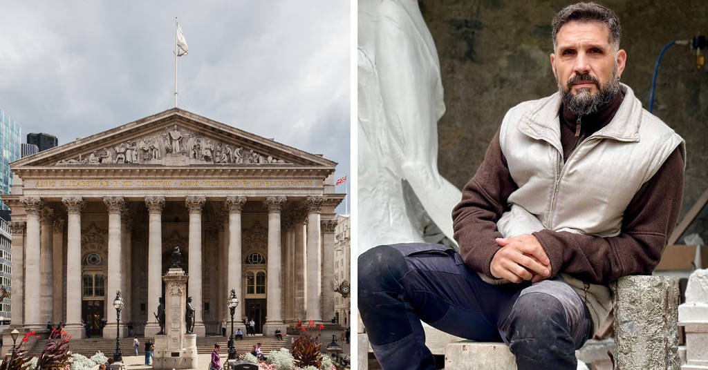 The Royal Exchange in London (left), an image of artist Pablo Damian Cristi (right)