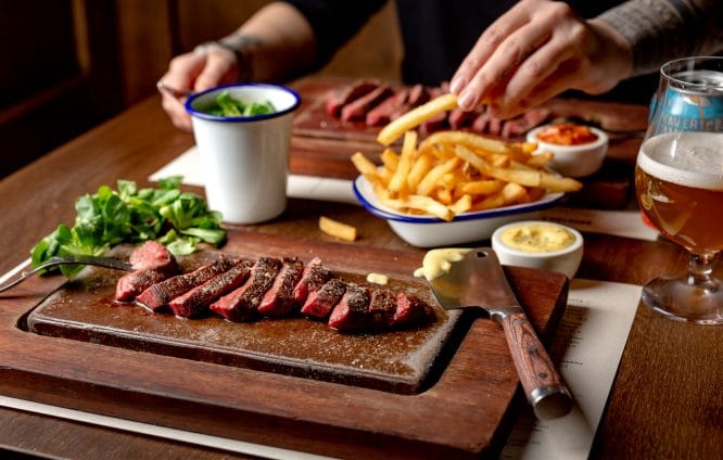 Tasty steak and beef dripping chips served at Flat Iron in King's Cross