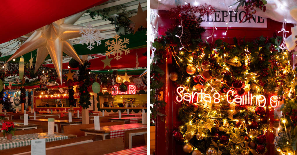 a split screen image showing the christmas decor at pergola paddington, and a festive phone box with a neon sign reading 'santa's calling'