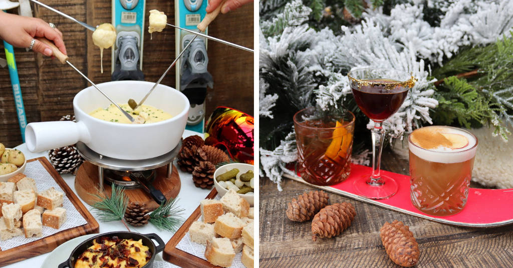 a split screen image showing people dipping food into a pot of fondue and wintry cocktails posed on a ski