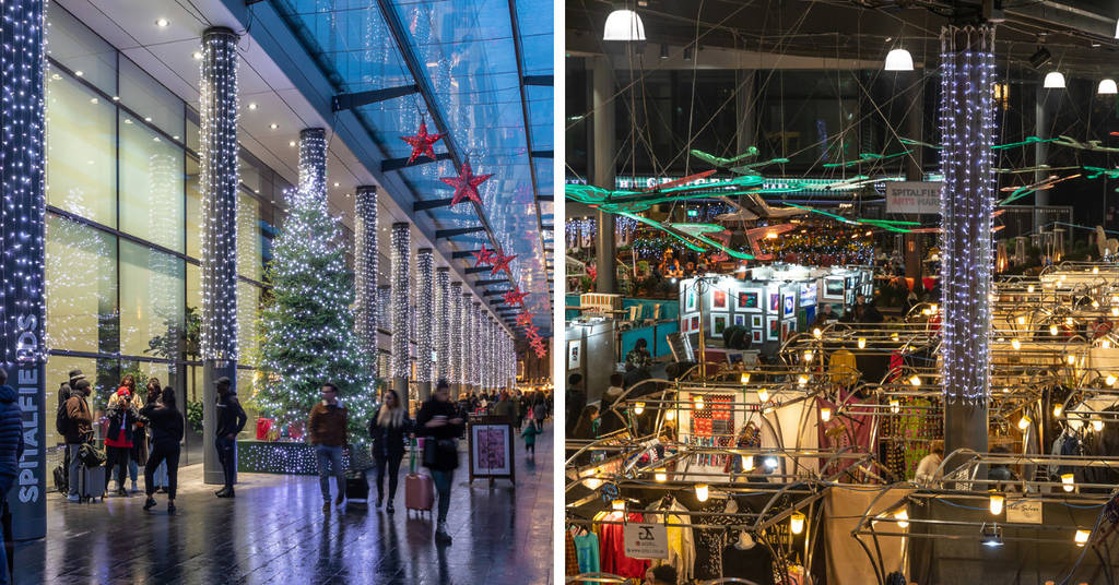 a split screen image showing christmas decorations strung up in various parts of the spitalfields christmas market