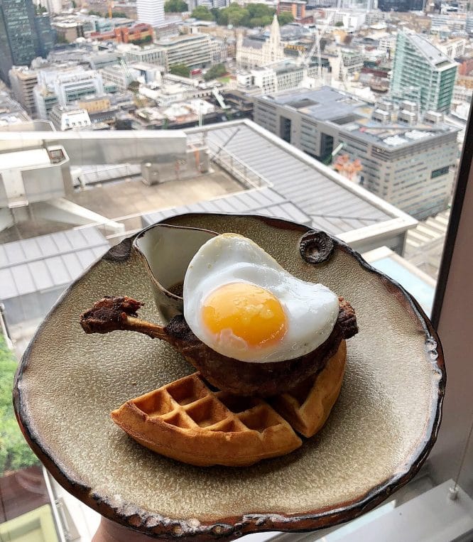 The famous duck and waffle London breakfast at the Duck and Waffle restaurant.