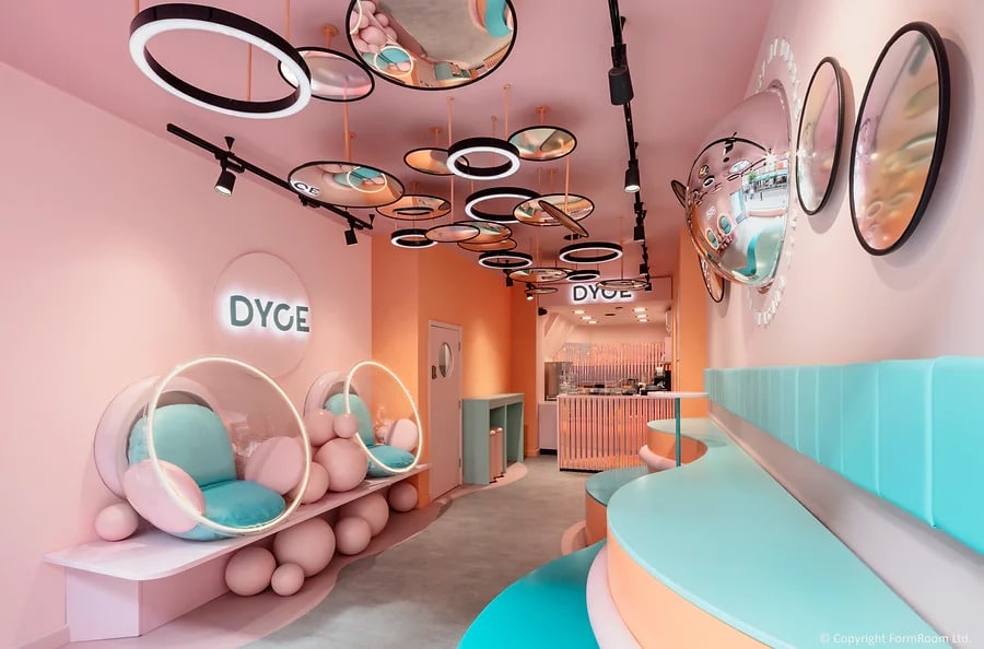 the pink and blue pastel foyer of DYCE dessert parlour