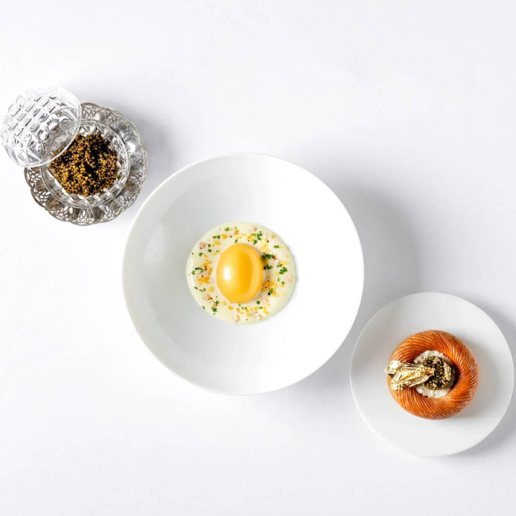 three small plates of food from one of London's two Michelin star restaurants, Alex Dilling at Hotel Café Royal