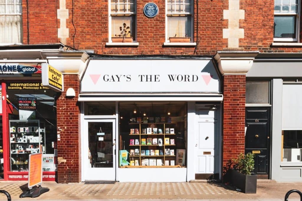 the exterior of the gay's the word bookshop, with the blue plaque visible above it