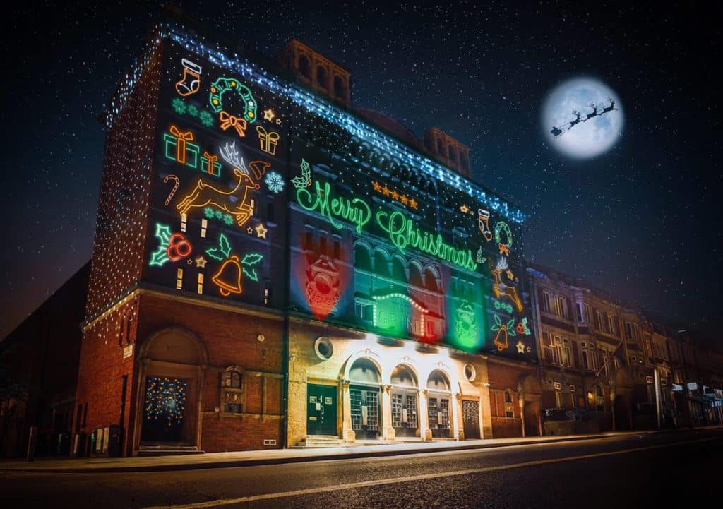 a Christmas exterior of party venue The Clapham Grand in London