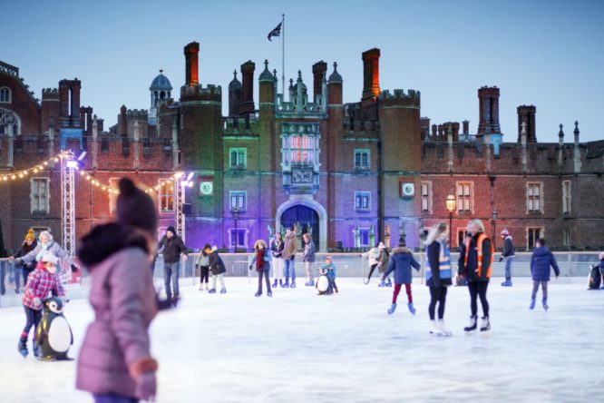 Hampton Court Palace ice rink on a beautiful winter day 