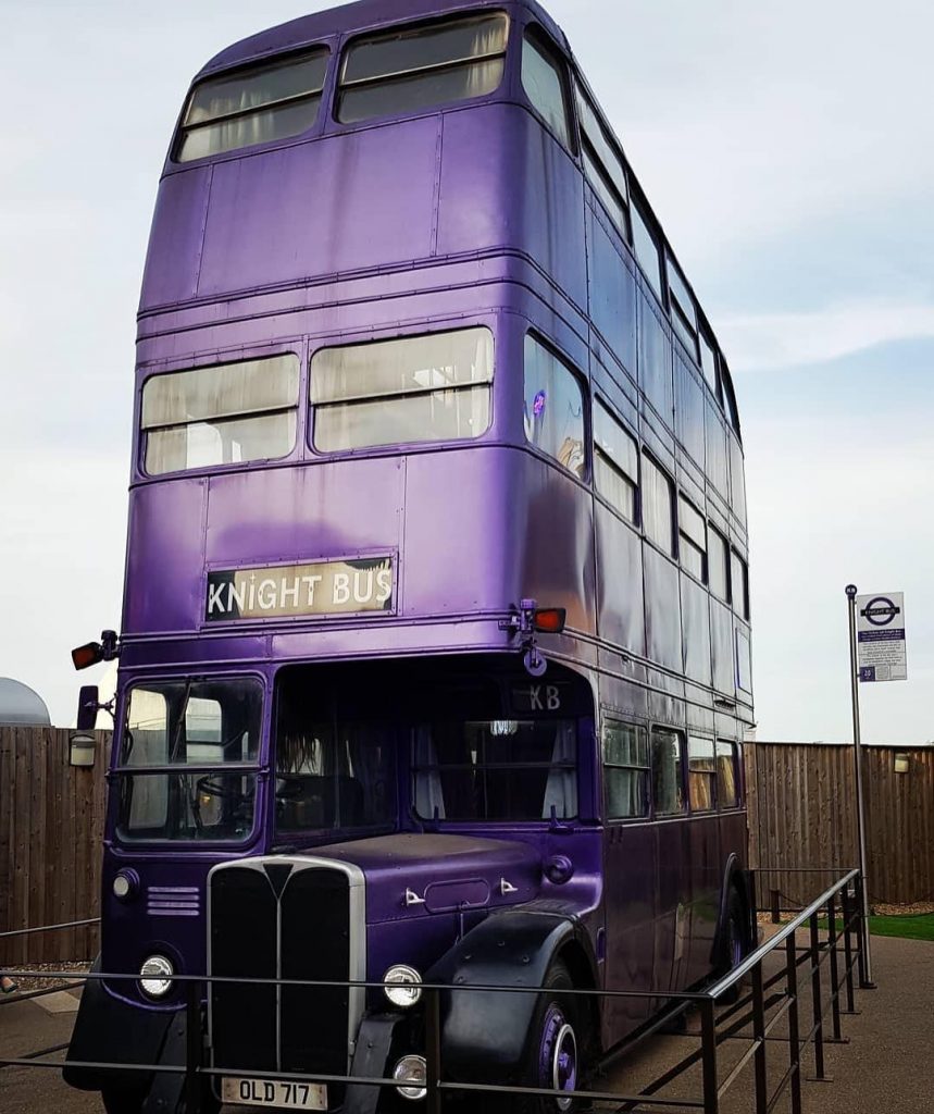 The purple 'Knight Bus' at the Harry Potter Studio Tour