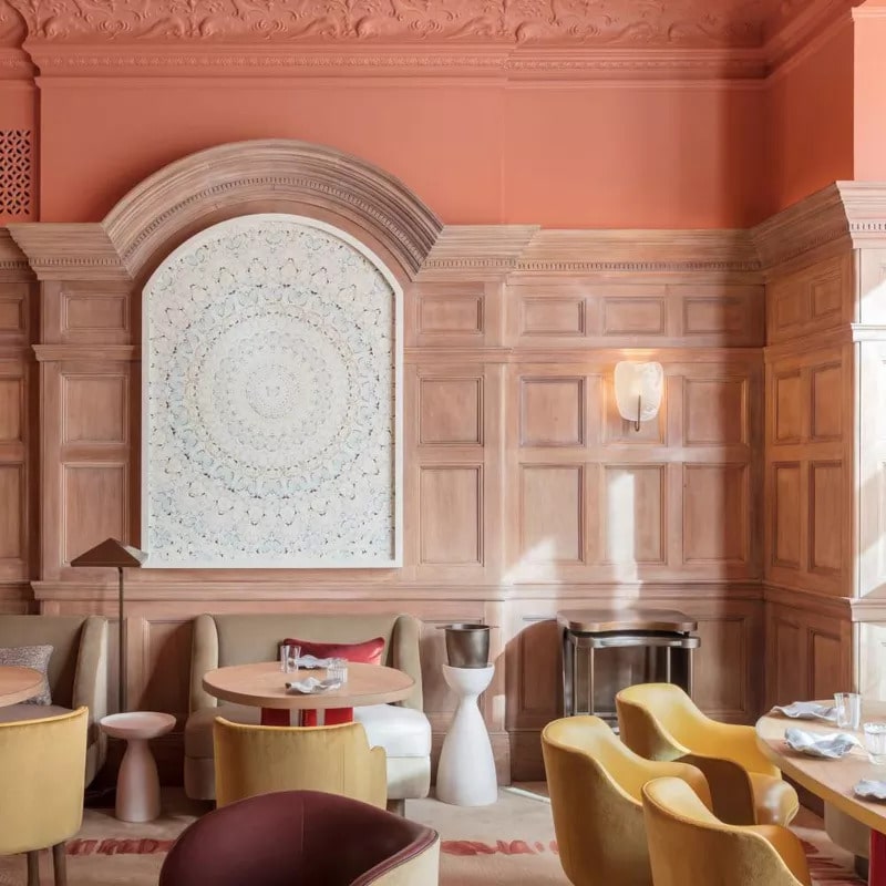 the pastel pink interiors of the Hélène Darroze at The Connaught restaurant