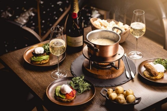 A fondue brunch served at the Alpine-style Heritage Restaurant in Soho