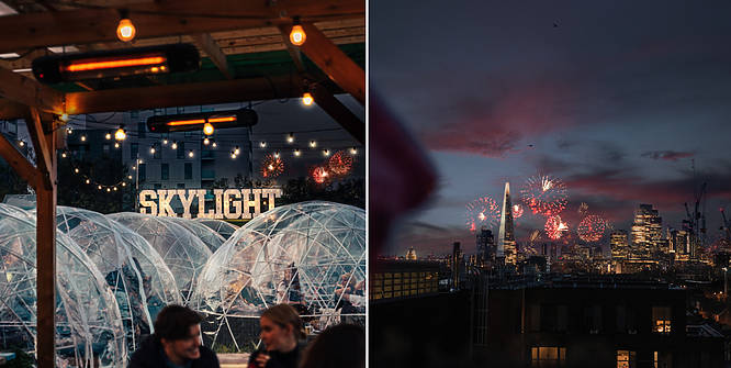 Dine-in igloos infront of the Skylight sign (left), A firework display above the London skyline (right)