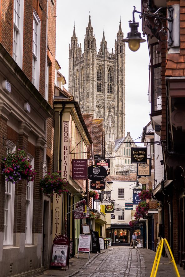 The towering spire of Canterbury Cathedral in Canterbury, Kent