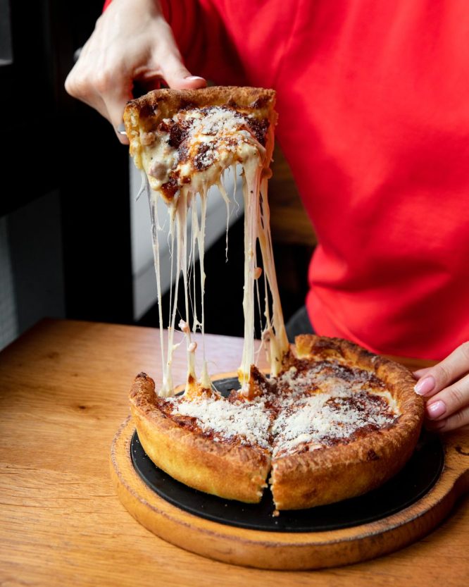 A cheesy deep-crust pizza served at new Soho spot Japes