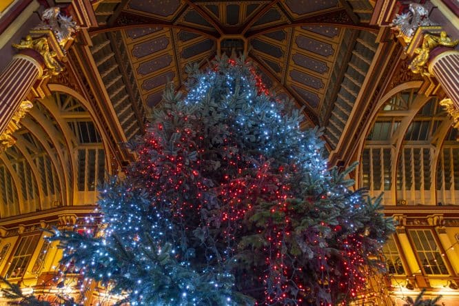 a view from below of the LED-bedecked Christmas tree glowing light blue/white and red