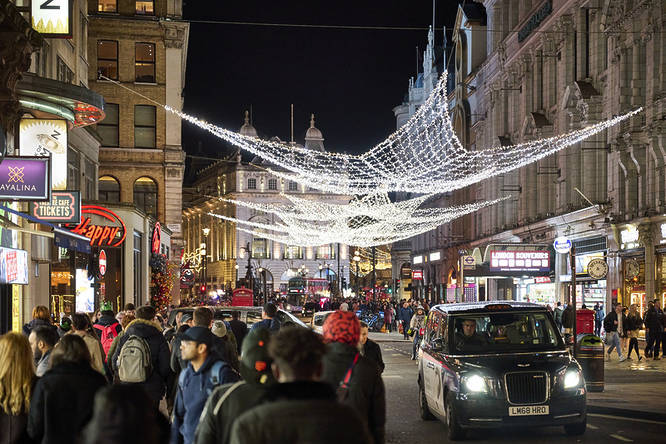 The twinkling lights suspended over Leicester Square in London 