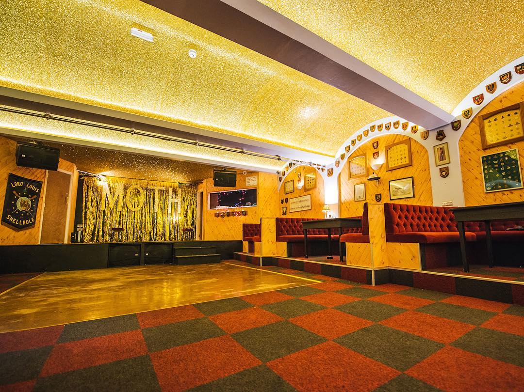 The colourful interior of the Moth Club in Hackney Central, London, one of the city's great music venues