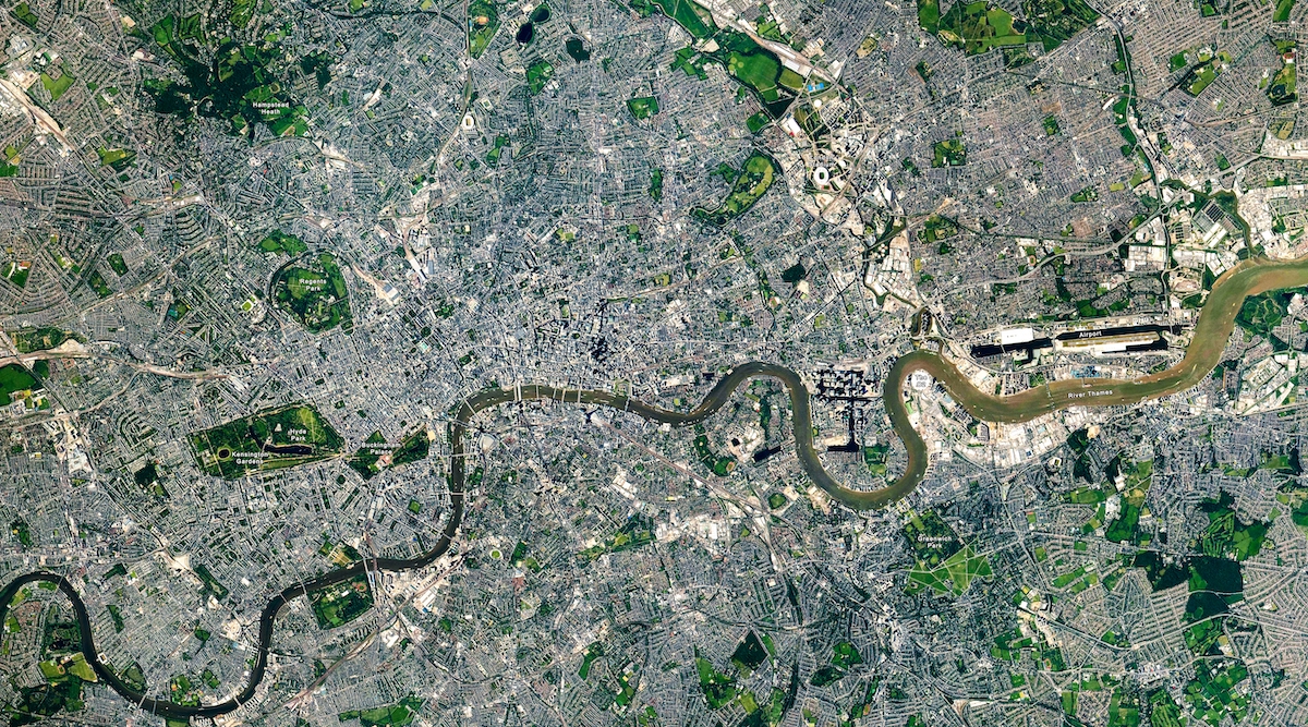 Top view of London, the Capital city from space, London map, Aerial view of Hyde Park, Buckingham Palace, Kensington Gardens, River Thames, grids. Elements of this image furnished by NASA.
