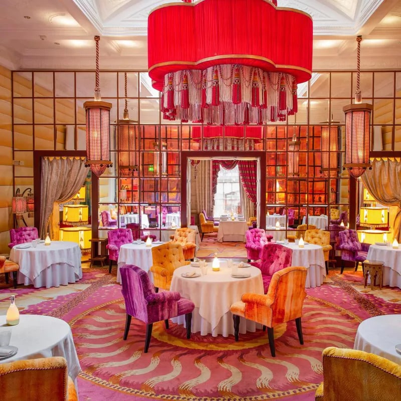 the opulent pink and orange interiors and armchairs of the sketch restaurant