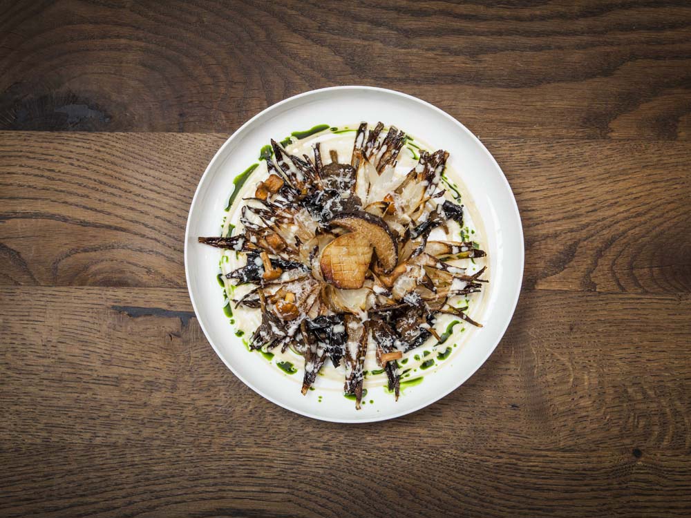 a dish from one of London's Michelin star restaurants, Elystan Street, with mushrooms and scorched onions