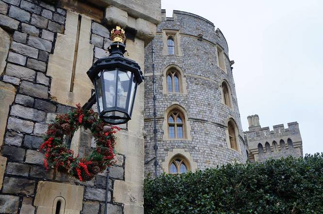 Windsor Castle with a lantern and Christmas wreath on the front