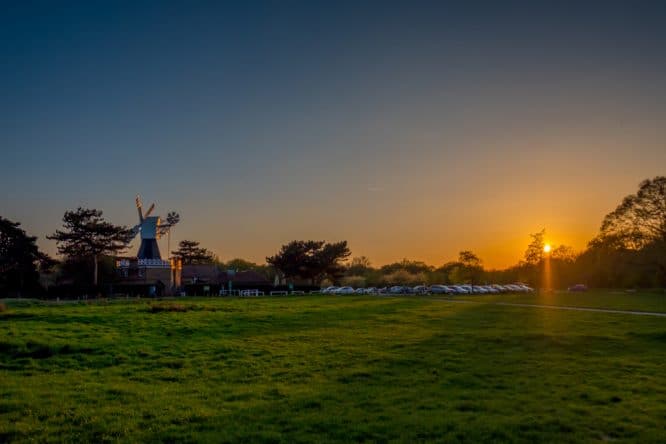 Wimbledon Common and the windmill at sunset in London, England 