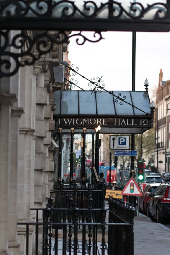 The outside side entrance of Wigmore Hall in Marylebone 