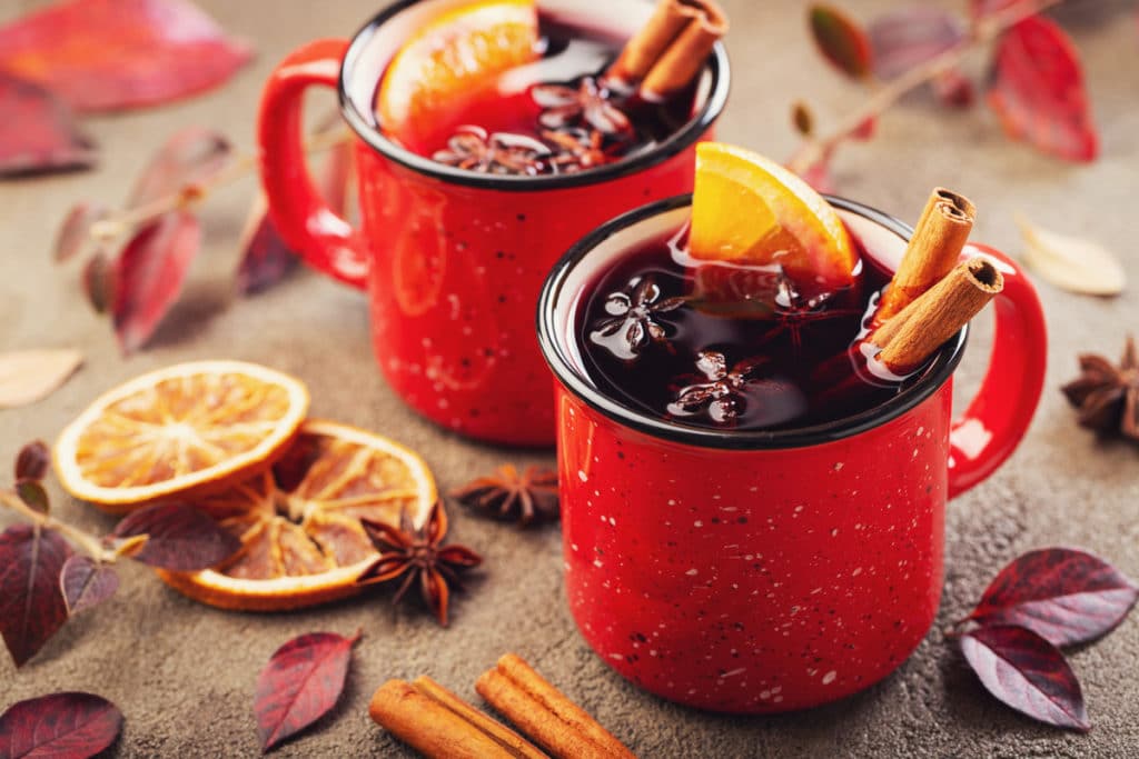Two steaming mugs of delicious mulled wine served in London, England
