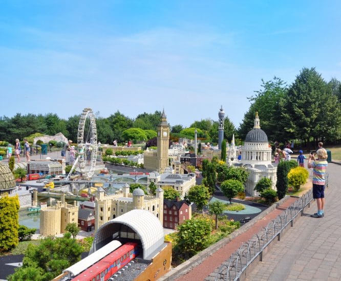 Model buildings in the sunshine at Legoland Windsor, one of the best theme parks near London