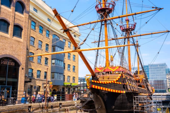 The Golden Hinde replica boat on the River Thames at Bankside 