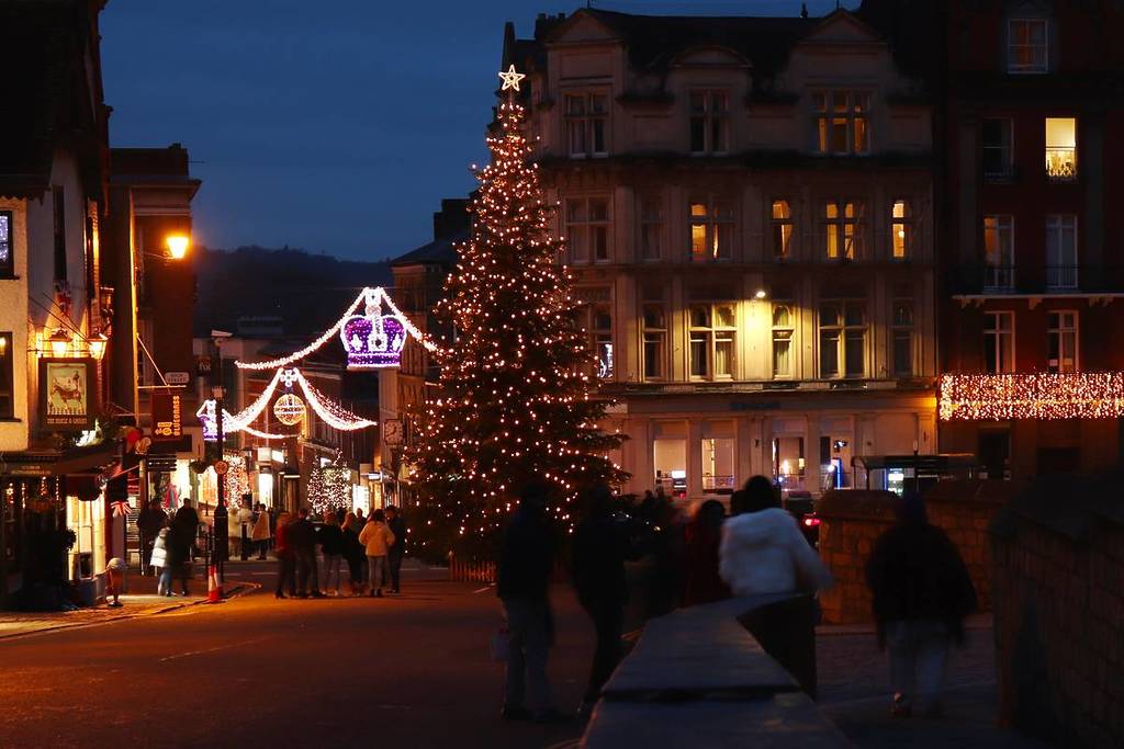 A christmas tree lit up in the centre of Windsor