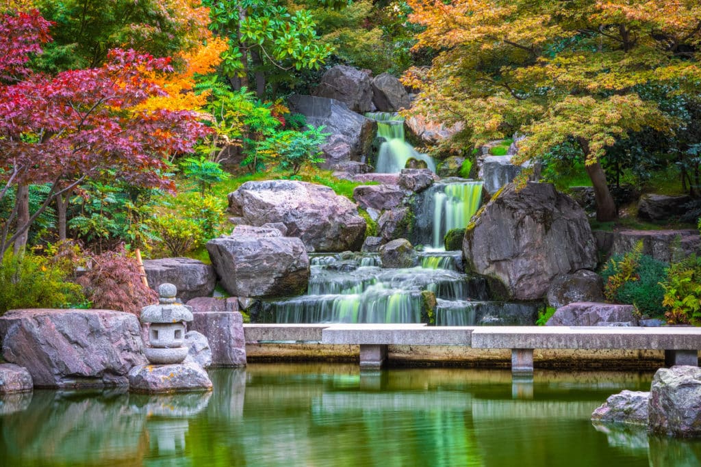 a stunning waterfall amidst the gorgeous green spaces of kyoto gardens