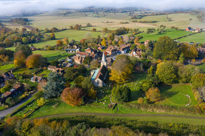 An aerial view of the village of Pluckley in Kent, one of the most haunted places near London 