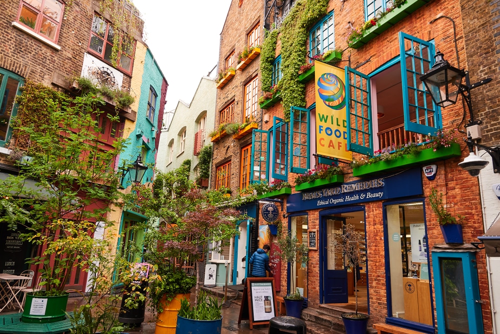 The colourful and bright shopfronts of Neal's Yard in Covent Garden, Central London
