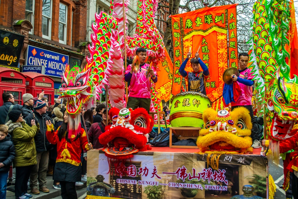 A bright and colourful parade for Lunar New Year in Chinatown, Central London