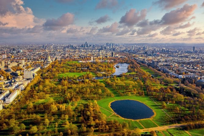An aerial view of Hyde Park and Kensington Gardens 
