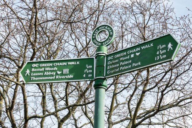 A Green Chain Walk sign in South East London showing Oxleas Wood