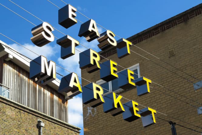 The signage outside East Street Market just off Walworth Road, one of the best things to do in Elephant and Castle 