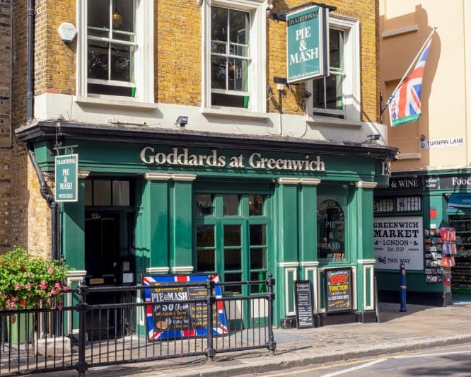 The exterior of Goddards at Greenwich, one of the best shops for pie and mash in London