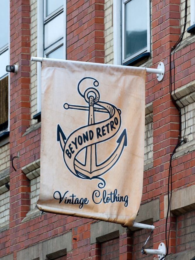 The exterior signage and logo of Beyond Retro in Dalston, London