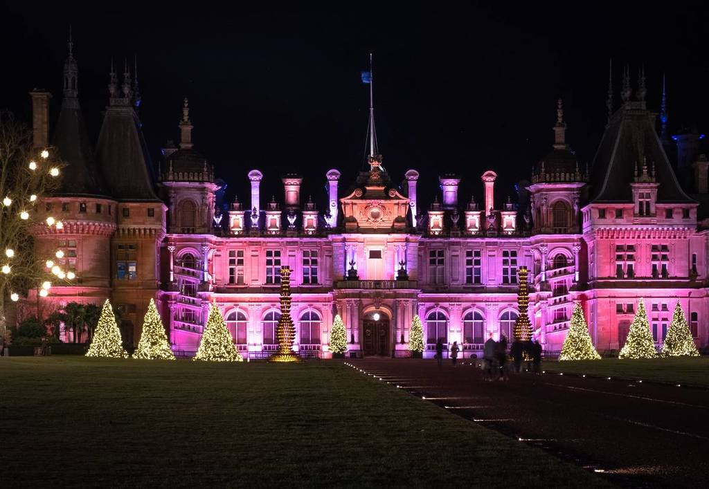 A scenic view of the Waddesdon Manor illuminated at Christmas