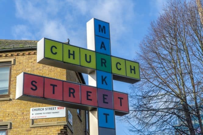 The sign outside Church Street Market in Marylebone and Church Street Market 