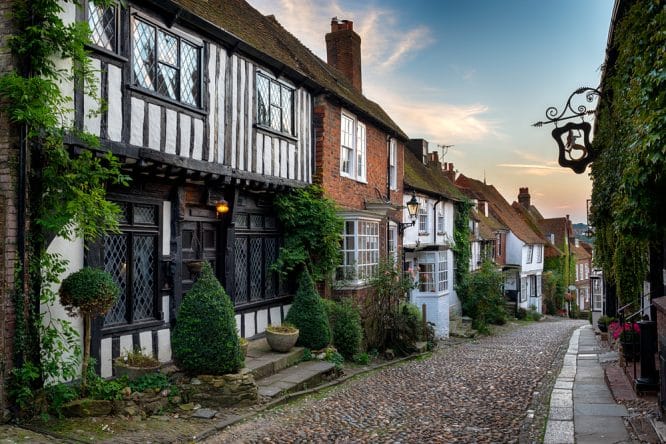 A picturesque cobbled street in the charming village of Rye in East Sussex