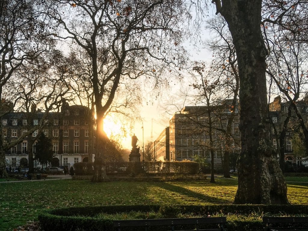 the gardens at russell square during a sunset with buildings softly illuminated in the background